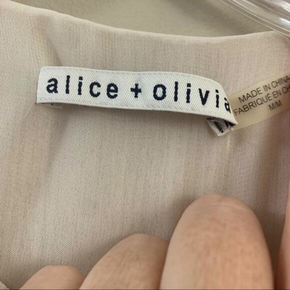 Alice + Olivia Elysia Lace Paneled Plisse-Georgette Off White/Black Peplum Top - Picture 5 of 12